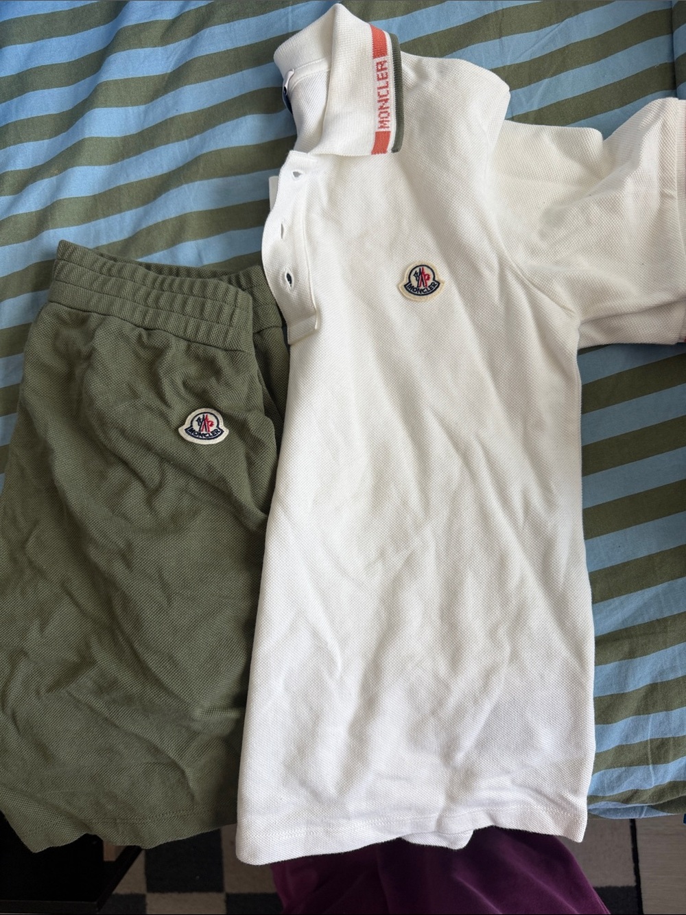 Moncler White Polo with Olive Green Shorts
